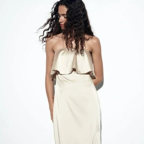 NWT Zara Limited Edition Strapless Satin Effect Ruffled Dress.  SZ XS. - Picture 2 of 9